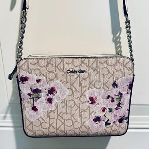 Calvin Klein Cream Logo Orchid Print Crossbody Purse